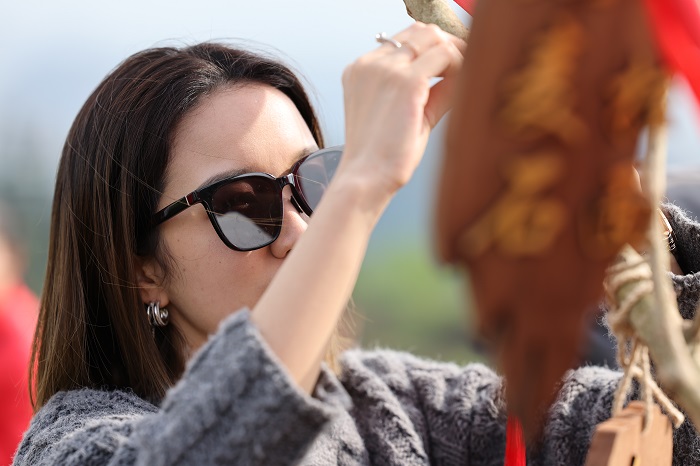 2022年3月27日,来到六枝特区落别乡茶叶基地旅游的游客,将长寿结、幸福结、同心结等系在古茶树上,寄托着祈福者的良好愿望。